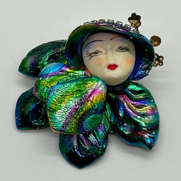 Vintage Art Deco Flapper Lady Brooch Pin Face Iridescent Rainbow 1980s Jewelry - Picture 12 of 12